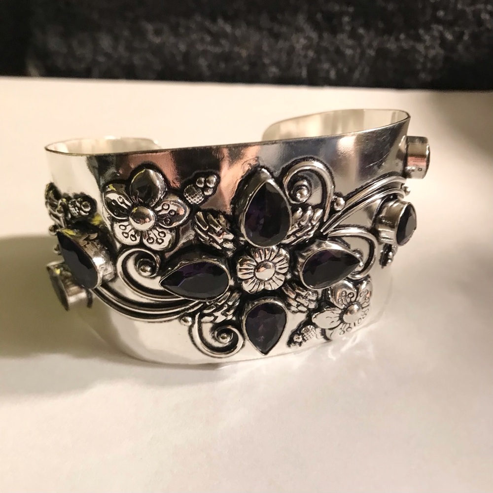 Amethyst Stamped Solid 925 Sterling Silver Cuff Bracelet